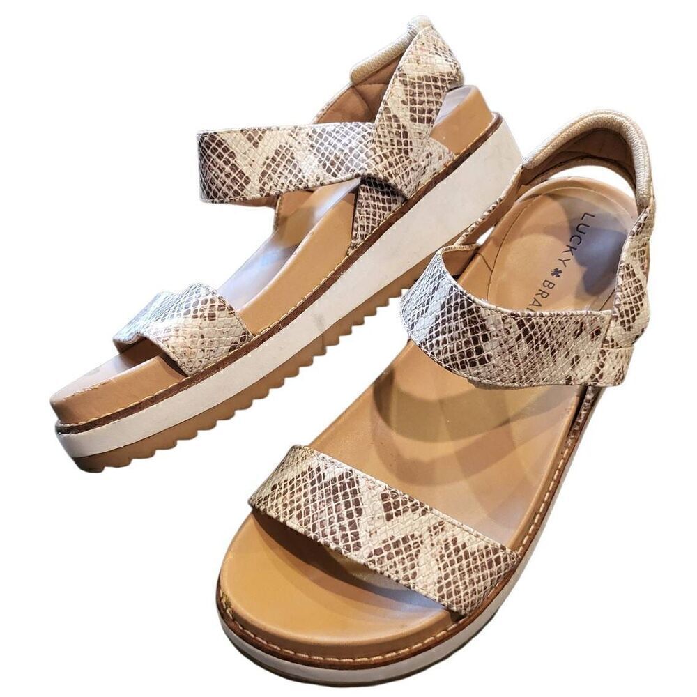 Lucky Brand Sandals Women's 7.5 Tan Snakeskin Platform Wedge Strappy